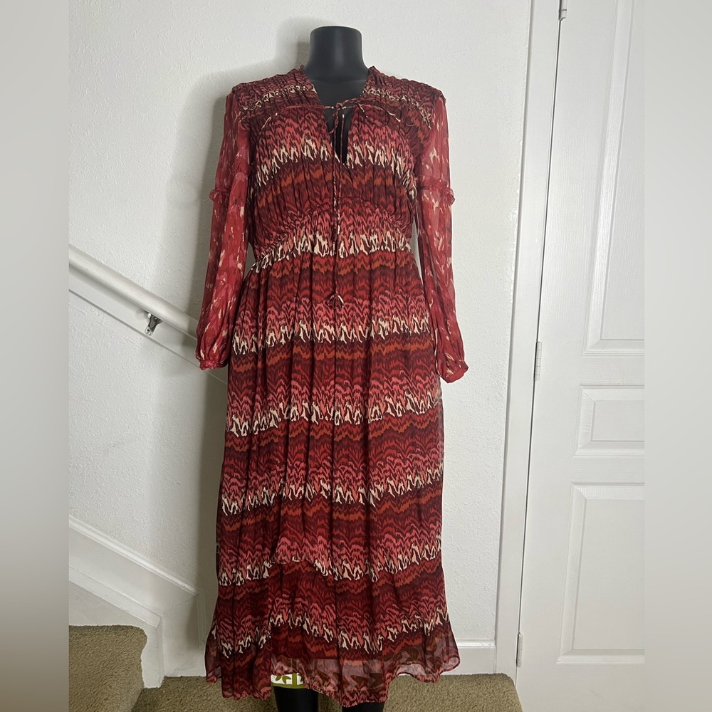 Joie Alquina Silk Dress in red long sleeve midi dress sheer sleeves